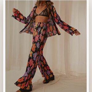 Y2K 2 Piece Pant Set Oversized Floral Button Down Shirt & High Waist Pants